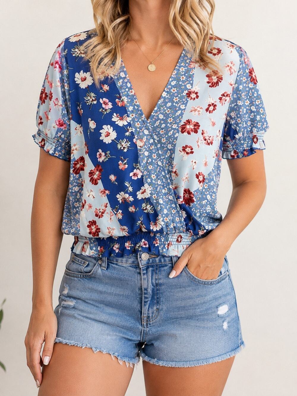 ONE CLOTHING Blue Patchwork Mixed Floral Crop Top Boho Cottagecore Small